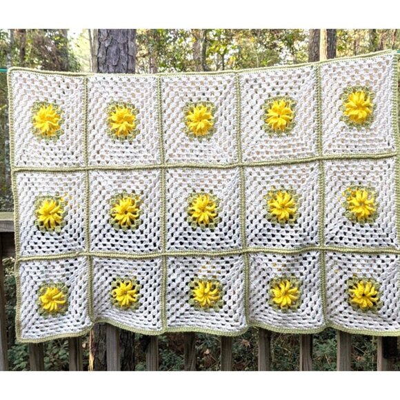Handmade Granny Square Crochet Afghan Blanket Raised 3D Yellow Flowers 80